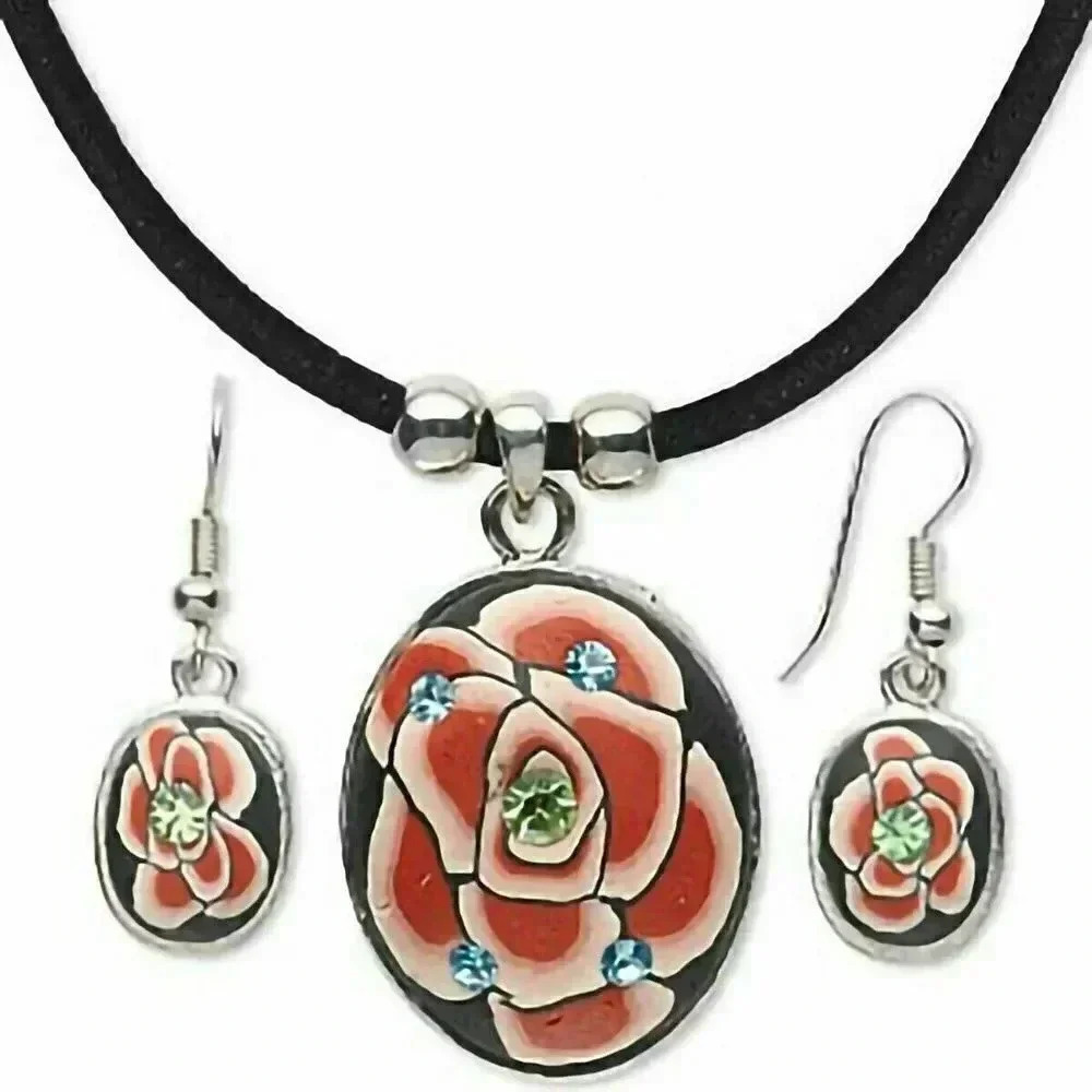 Red Black Polymer Clay Roses Silver Black Velvet Necklace Earrings Set